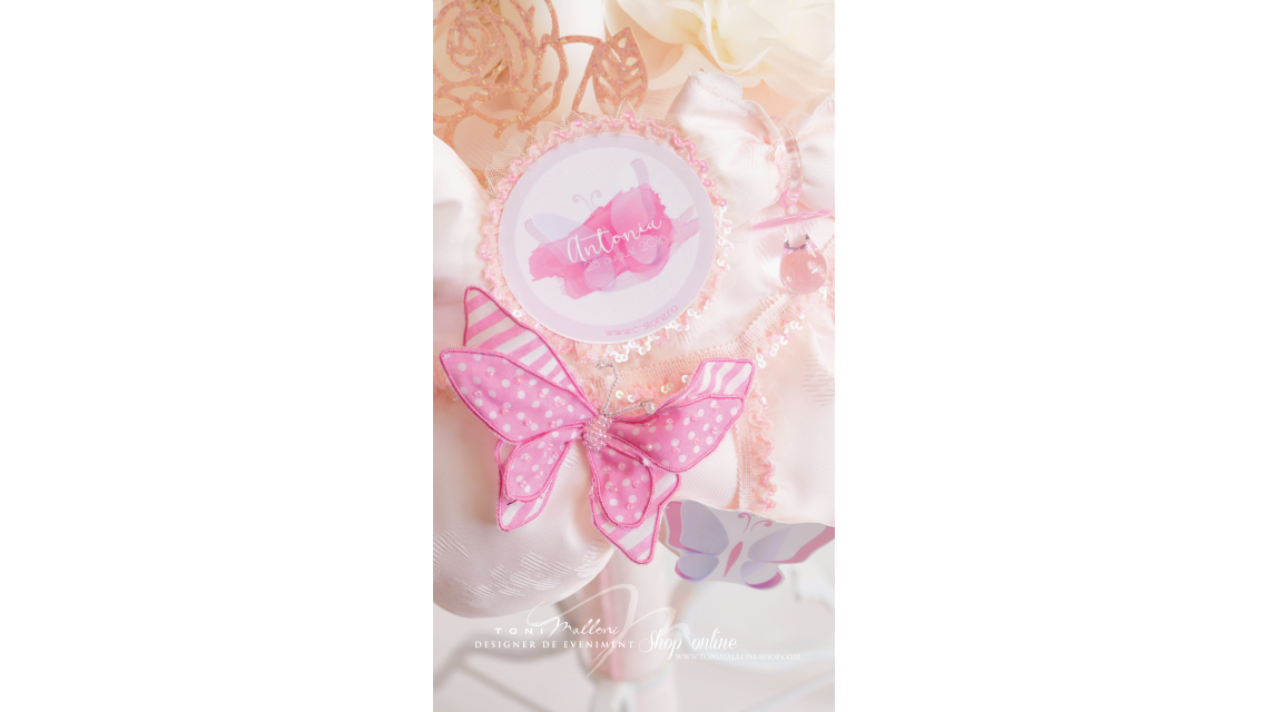 Lumanare de botez pentru fetite cu fluturi si dantele roz, 65x4cm,  Pink Butterfly  3